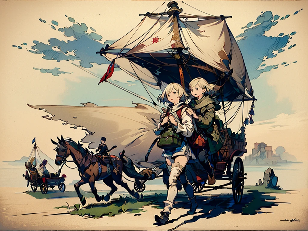 (((フラットart))),( best quality:1.2, absurd,Realistic, detailed face),(((Peddler caravan、Medieval European Sailing Carriage))),(((1 girl carrying a leather rucksack))), FANTASY ADVENTURER COSTUME 、 detailed background ,Bravely Default: Flying Fairy, Bravely Default \(series\), Nier,  Final Fantasy , ソードart、CD　 jacket　art ,Skinny and small chested, (((Vision))),Gothic field landscape,(((Peddler caravan、medieval European horse-drawn carriages))),(((Peddler caravan、medieval European horse-drawn carriages))),