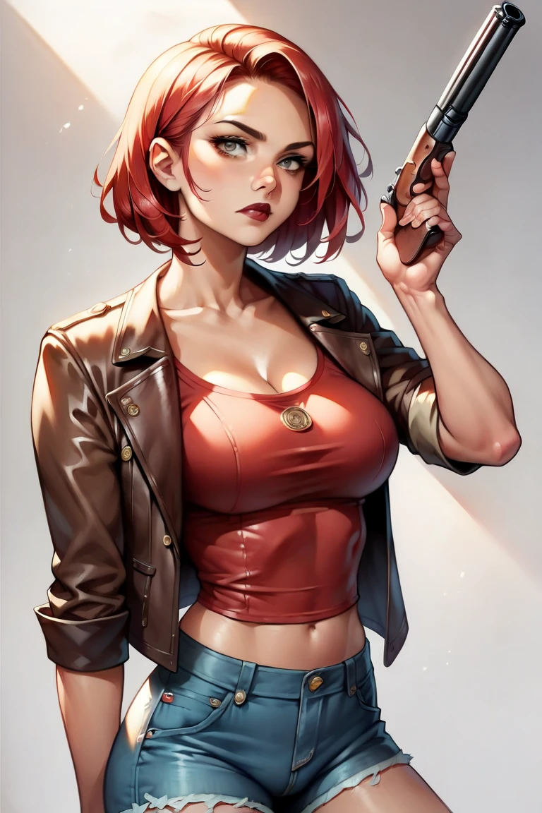 masterpiece, beautiful adult woman, ((caucasian skin)), red hair, short hair, seductive face, ((alley)), red lipstick, green eyes, busty, biker style, aiming pistol, portrait