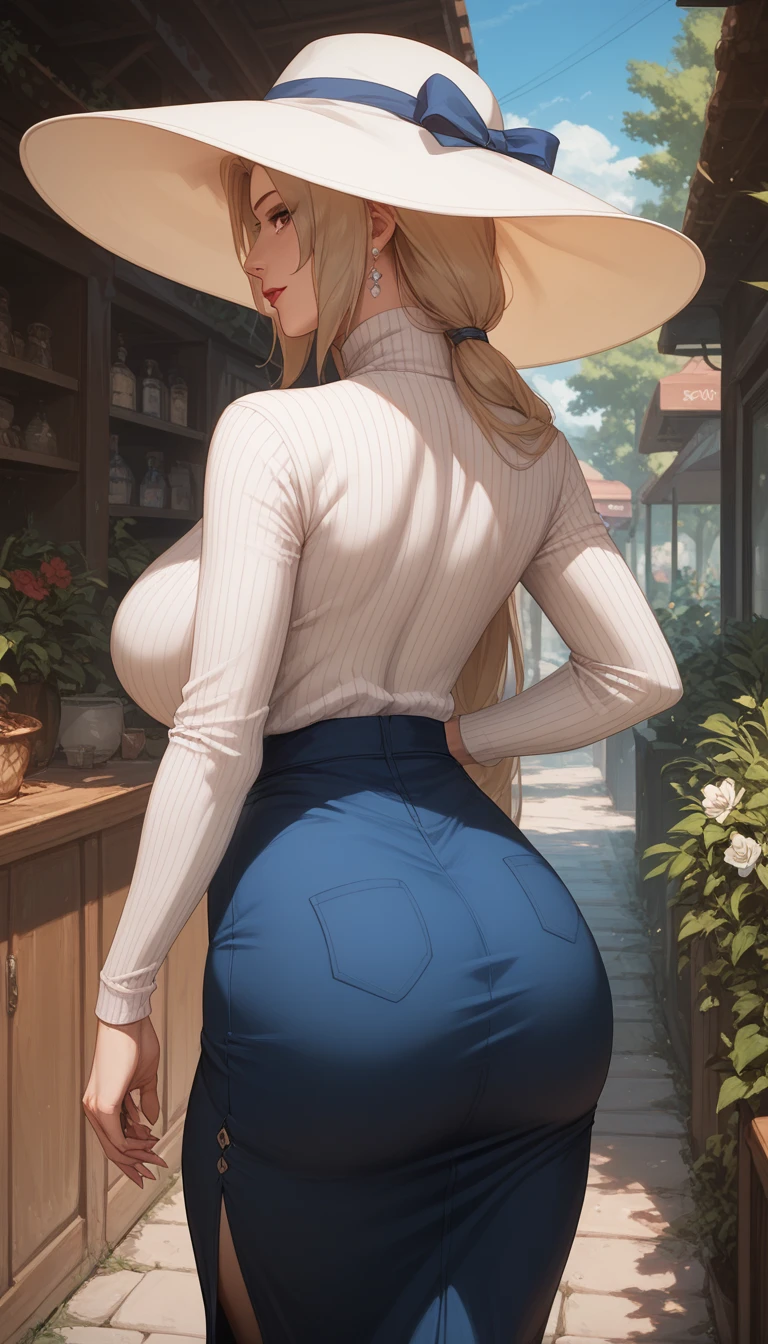 mother, milf, mature female, perfect face, perfect lighting、sexy female, High neck long sleeve white ribbed knit T-shirt(loose)、Long maxi skirt, Sexy, hat, back view, tsunade