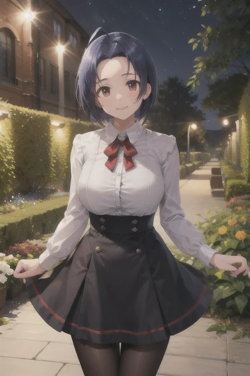 (masterpiece, Best Quality:1.2), Cowboy Shooting, Alone,  1 girl, Azusa Miura, smile,  watching viewers , Ahoge, Colored Shirt,  long sleeve , skirt,  pantyhose ,garden,at night,Big Breasts,(Perfect hands, perfect anatomy),,  five fingers