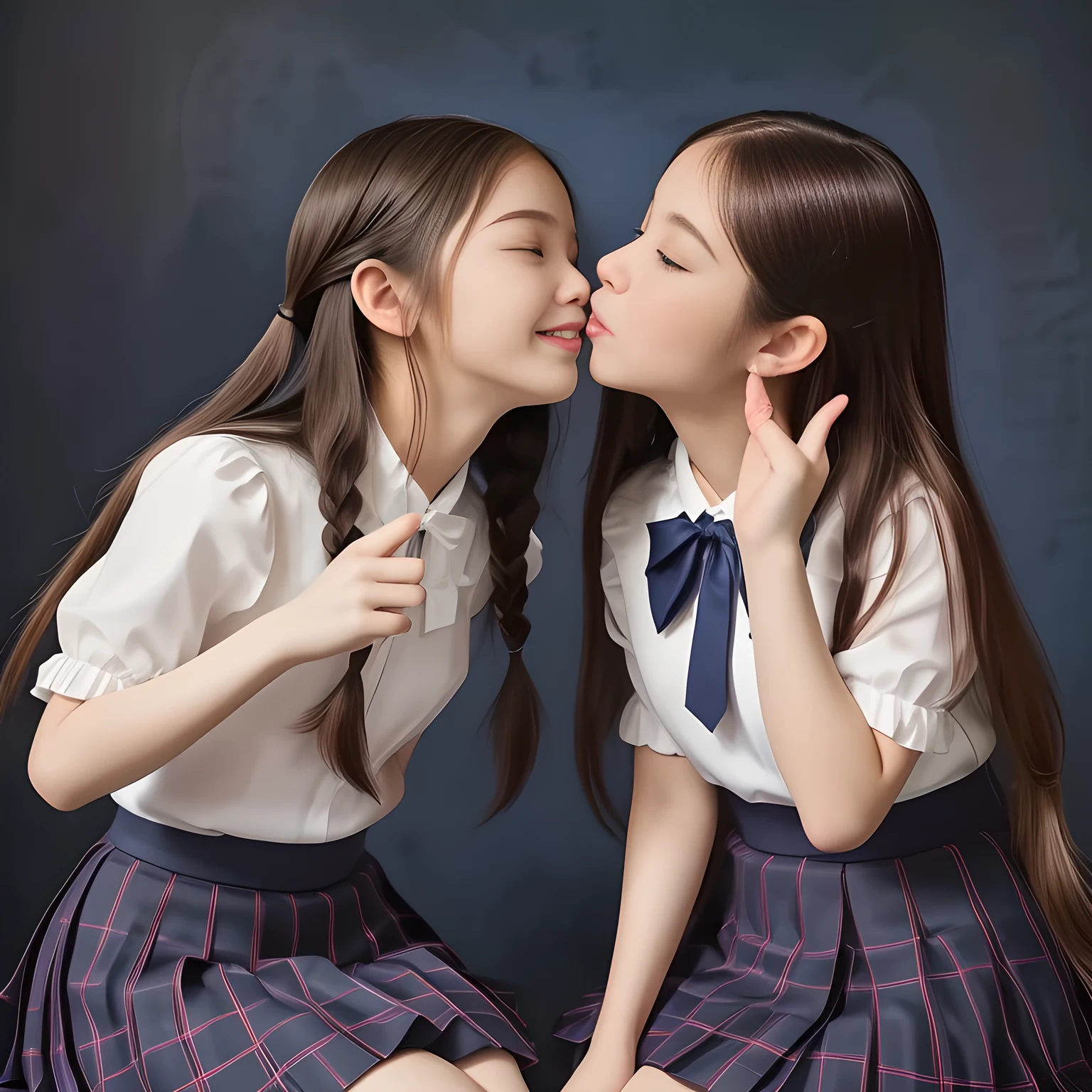 (Highest quality, masterpiece:1.2), Highest quality, High resolution, 1080P, 8k, height: 150cm, (Two yo Japanese beautiful idol is seated and kissing passionately TOGETHER, cute skirt with beautiful knees, putting her hands front and beautiful fingers, looking at the viewer, can't stop showing cute smile open mouth because of feeling too funny about the viewer, very white-white face, very proud of her long straight hair, using face-whitening cosmetics, 12irl's prominent eyes, opened laughing giggling most open mouth, too expensive luxurious glossy feminine frilled ivory silk blouse, woolen navy-checkered-pleats-school-skirt and bewitching ribbon on the breast, well-straitened super-super-long well-trimmed long hair: 1.5), (white thighs and knees: 1.7), (Well-balanced, prominent, lovely, drooping, double-eyelids, brown shiny large prominent eyes of 12yo il with detailed: 1.5), ((Beautiful well-figured glossy opened laughing lips: 1.2)), (mature breast), (Girl whom everyone loves because of her beauty and beautiful eyes and lovely fashion and noble manner), (Very beautiful, super-glossy, cute neat black amazingly long hair, straight well-done long hair-style: 1.3), (plain blue background: 1.6), (Best style like a 14yo fason model, mature breast), (((Completely balanced beautiful big big eyes, looking at me))), (eyes, face and hair are especially beautifully detailed and beautifully drawn: 1.5), (Satisfactory best shot by professional famous photographer for school girl's beauty: 1.5), (The soft white light clearly shows her face extremely white: 1.2), (Feel too luxurious and expensive, girly frilled), (KANKO uniform, Twins, A pair of cute slender 13yo girls, Super long hair 13yo beautiful super-cute 13yo idol of girl photo magazine in Japan are kissing super-passionately together: 2.0)