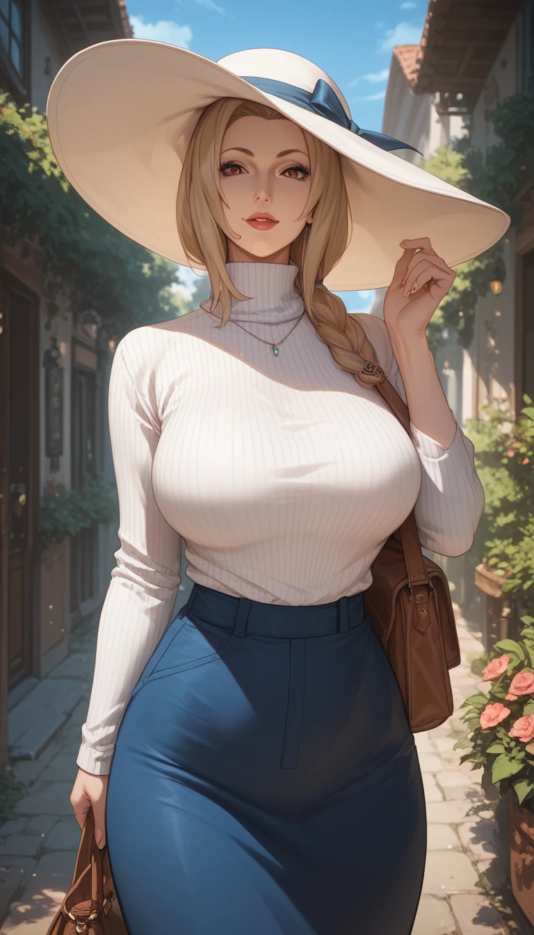 mother, milf, mature female, perfect face, perfect lighting、sexy female, High neck long sleeve white ribbed knit T-shirt(loose)、Long maxi skirt, Sexy, hat, front view, tsunade