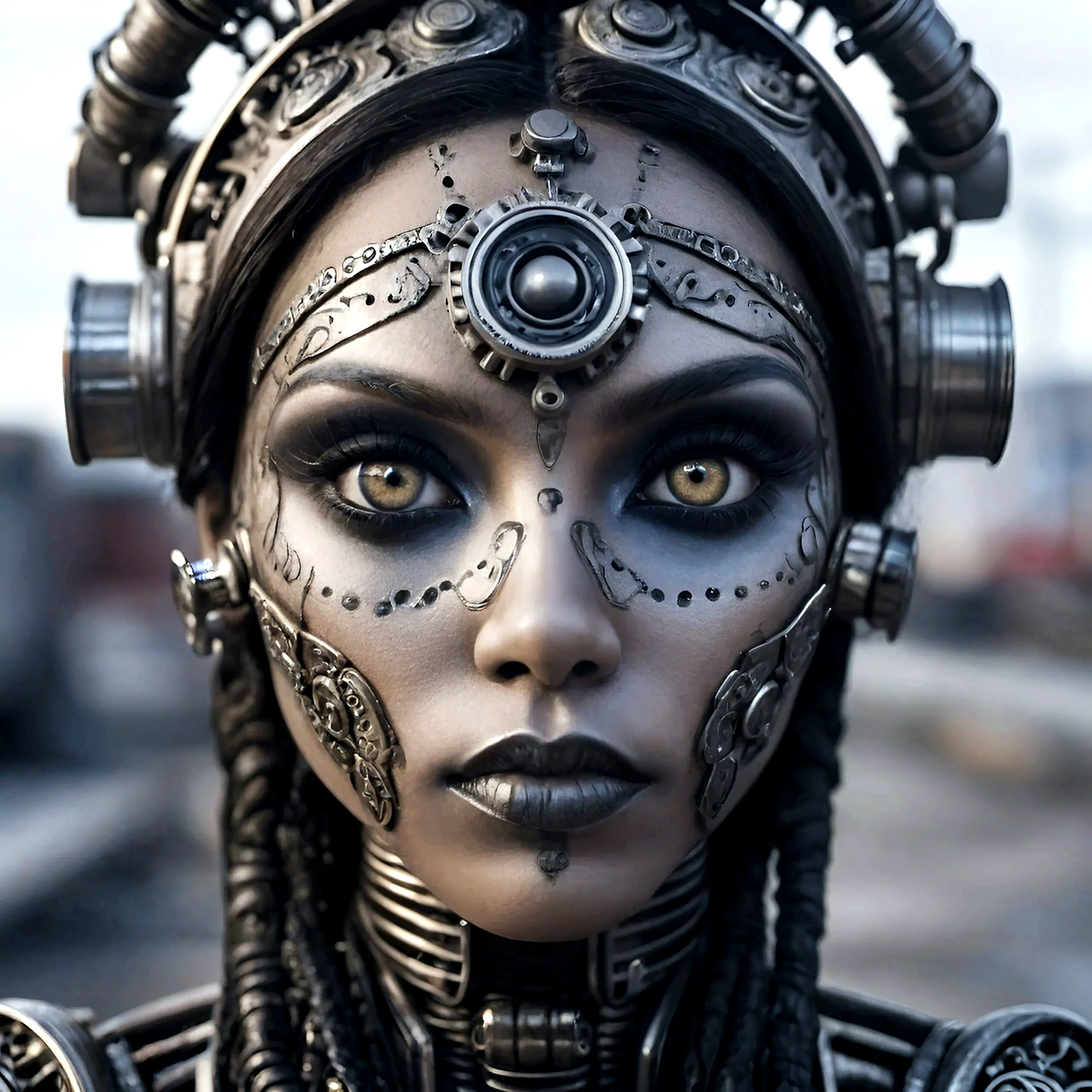 there is a woman with a very large body made of metal, cybernetic led eyes, mystical post-apocalyptic cyborg, cyberpunk robot elven queen, cybernetic bionic ancient cyborg, cyborg woman, cyber steampunk 8 k 3 d, cyborg girl, humanoid woman, portrait of a cyborg queen, beautiful cyborg priestess, cyber steampunk, cyborg - girl, mechanoid cyberpunk fashion, in the background tribe in the forest, Ultra realistic photography, high level of detail, photography by Sebastião Salgado