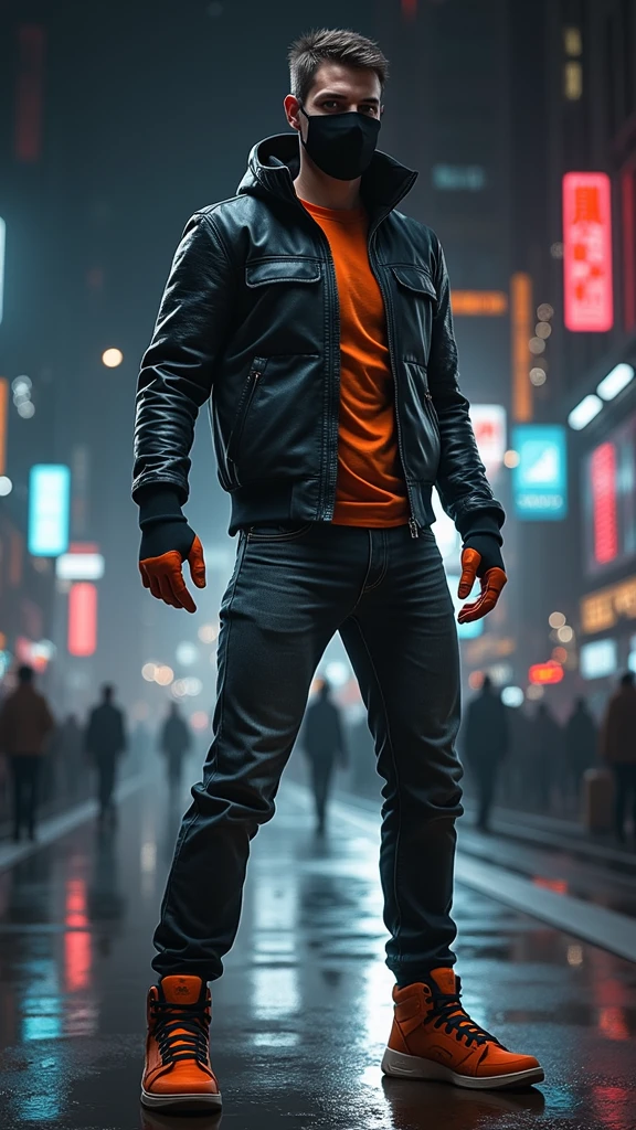 plano general, whole body, ((1 handsome young man, elegant, sensual:1.6)), (high resolution:1.2),ultra detailed, realist, sharp focus,showy,4k,8k, HD. Masterpiece, hiper realist, hyper detailed,With red hat, red camouflage, red sweatshirt, blue leggings, broad, by white:1.5, modern haircut:1.4, face mask, nasolabial , standing, half, (reality: 1.5), cyberpunk, Neon city, Neon, 3D, cgi, volumetric ray, white sclera, blue eyes,