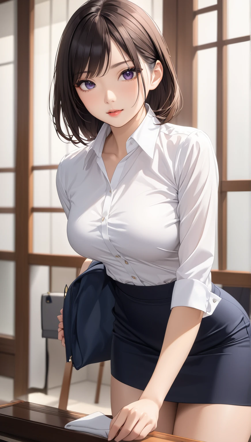 ((Biologically correct limb count))、(( Illustrations including faces))、4K、Masterpiece、((Focus on the face))、((Symmetrical, well-proportioned facial features))、Eyes with delicate depictions、Beautiful woman、Outstanding style、Slender Body、(shirt、High heels、((Long skirt)))、On the carpet、((Upper body close-up))、(Looking up、Shy、smile)、((Neat and clean))、high school girl、Absolute area、