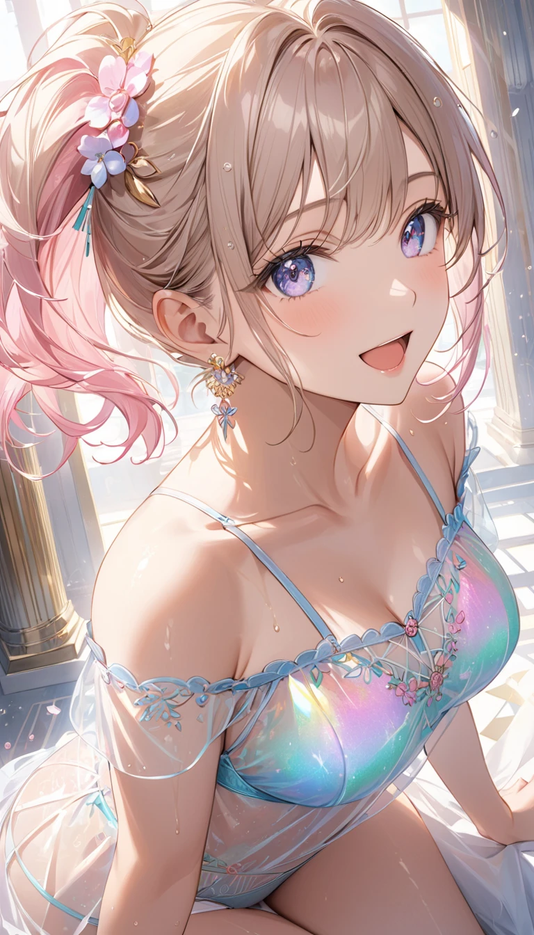  （Big Breasts:1.8）. side ponytail hair. hollow eyes, saliva,  open your mouth 、  Focus on Lower Body  、 gradient light pastel white transparent hair、（View from directly below:1.7） ,  a woman with a gentle expression  ,  Soft Pink and Beige Colors , Natural Lightが顔に優しい影を作る、  emphasizes the bust、saliva、  look up  、（ Heart pupil:1.5）、（  Dynamic Poses  :1.8）、（sheer holographic lingerie :1.3）、（Embroidered lingerie with a very delicate depiction:1.3）  、  heart hair accessory  、Delicate depiction of big eyes  、 shiny hair texture、(  Best Quality Masterpiece  :1.4), (  young woman , Age 19, Alone, Wet肌、 Cool smile,    open your mouth ,   Perfect Eyes:1.1), (  Aim carefully  ,   small round gold earrings  ,   Sheer Embroidered Lingerie  、(((  big breasts at the temple:1.4))), Particles of light,   high detail, The Shining, bloom,  Textured skin seen from above , barefoot, Natural Light, (Mature),   Eyes See-Through  , , Wet,  Back posture 