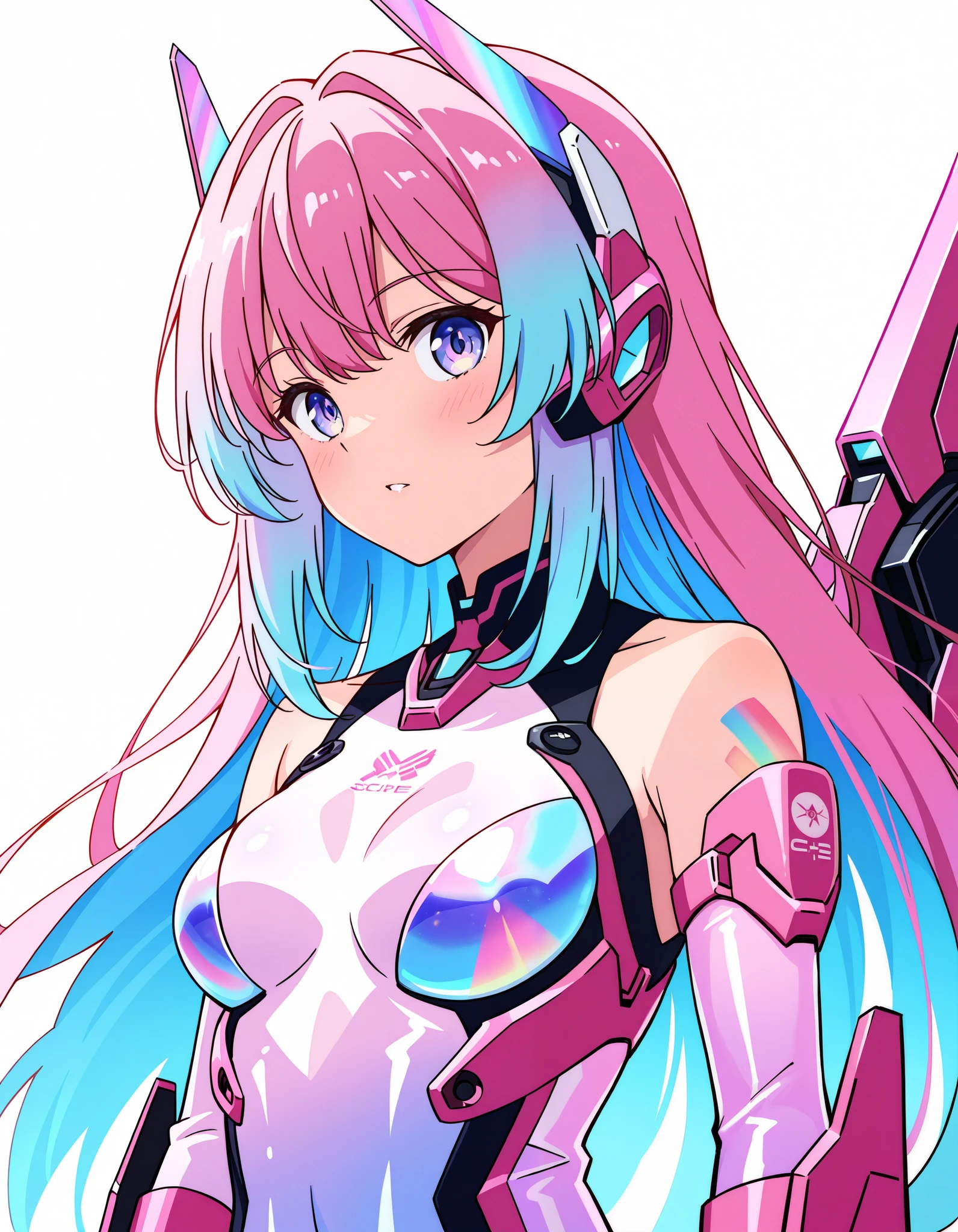 score_9, score_8_up, score_7_up, source_anime, wings,  newest, 1girl, arms at sides, long hair, shade, iridescent hair, simple background, detailed, Neon Pink theme, purple light, mecha musume, mech girl, technical, bodysuit, upper body, 2d, highly detailed, mechanical detail, impressionistic, ((watercolor)) body tattoo, sketch, markings, (((highly detailed))) (((incredibly detailed))) (((fine details))) (((superb details))) mechanical undulations, blurry, depth of field, cinematic