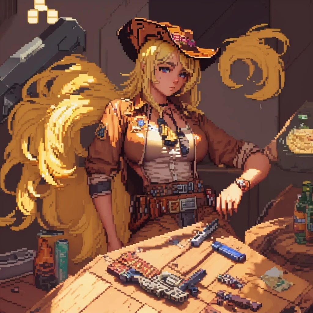 ((((1girl\(cowgirl,cowboy_hat,belt_buckle,blonde hair,hair floating,messy hair,big breast,gun holder,gun,bullet belt,western sheriff badge on breast))))), BREAK ,quality\(8k,wallpaper of extremely detailed CG unit, ​masterpiece,hight resolution,top-quality,top-quality real texture skin,hyper realisitic,increase the resolution,RAW photos,best qualtiy,highly detailed,the wallpaper,cinematic lighting,ray trace,golden ratio\),(((pixel))),(((pixelart))),two legs, blank background, solid color background, facing right,