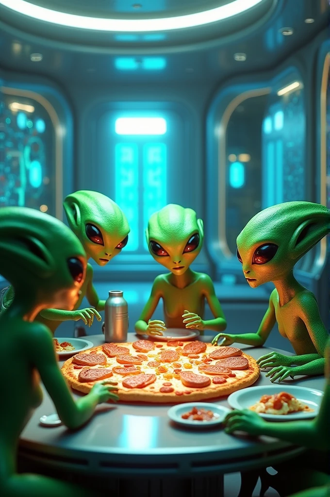 A hyper-realistic 4k alien, waving with large detailed expressive eyes, eating Thanksgiving dinner at a long table with friends, highly detailed, cinematic lighting, volumetric fog, dramatic composition, photorealistic, intricate details, vibrant colors, seamless blending, masterpiece