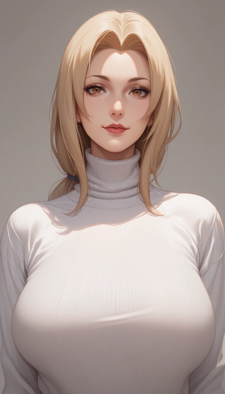 mother, milf, mature female, perfect face, perfect lighting、sexy female, High neck long sleeve white ribbed knit T-shirt(loose), Sexy, front view, tsunade