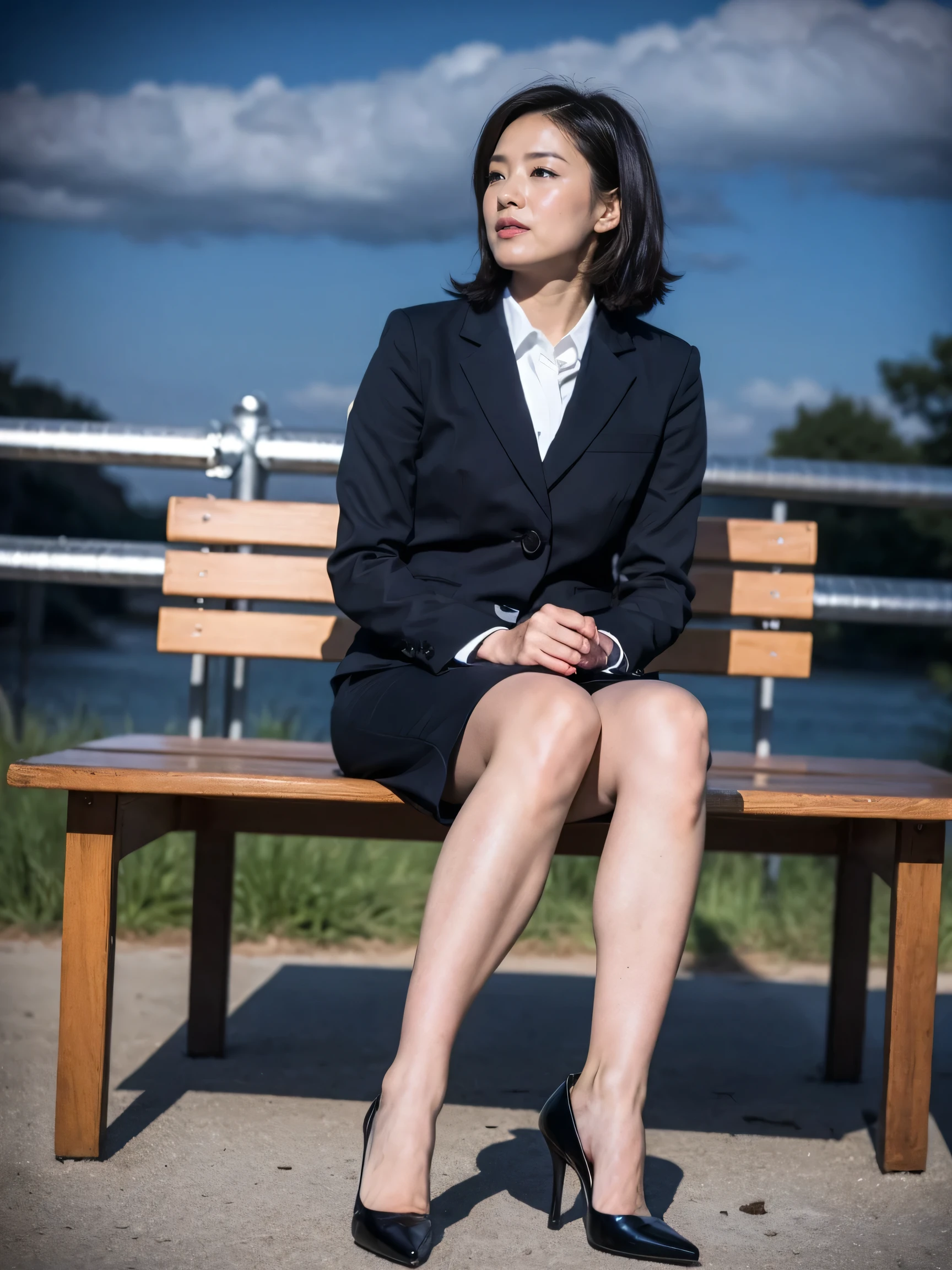 Best Quality, masterpiece, Realistic,  Hi-Res, [8K RAWフォト,Alone, 1 person,  medium length hair 、 sitting on a bench、 Slim Body 、 open the foot wide、 and look away、 high heels、skirt、((Midnight:1.5))、 Flash Shot、Company uniform