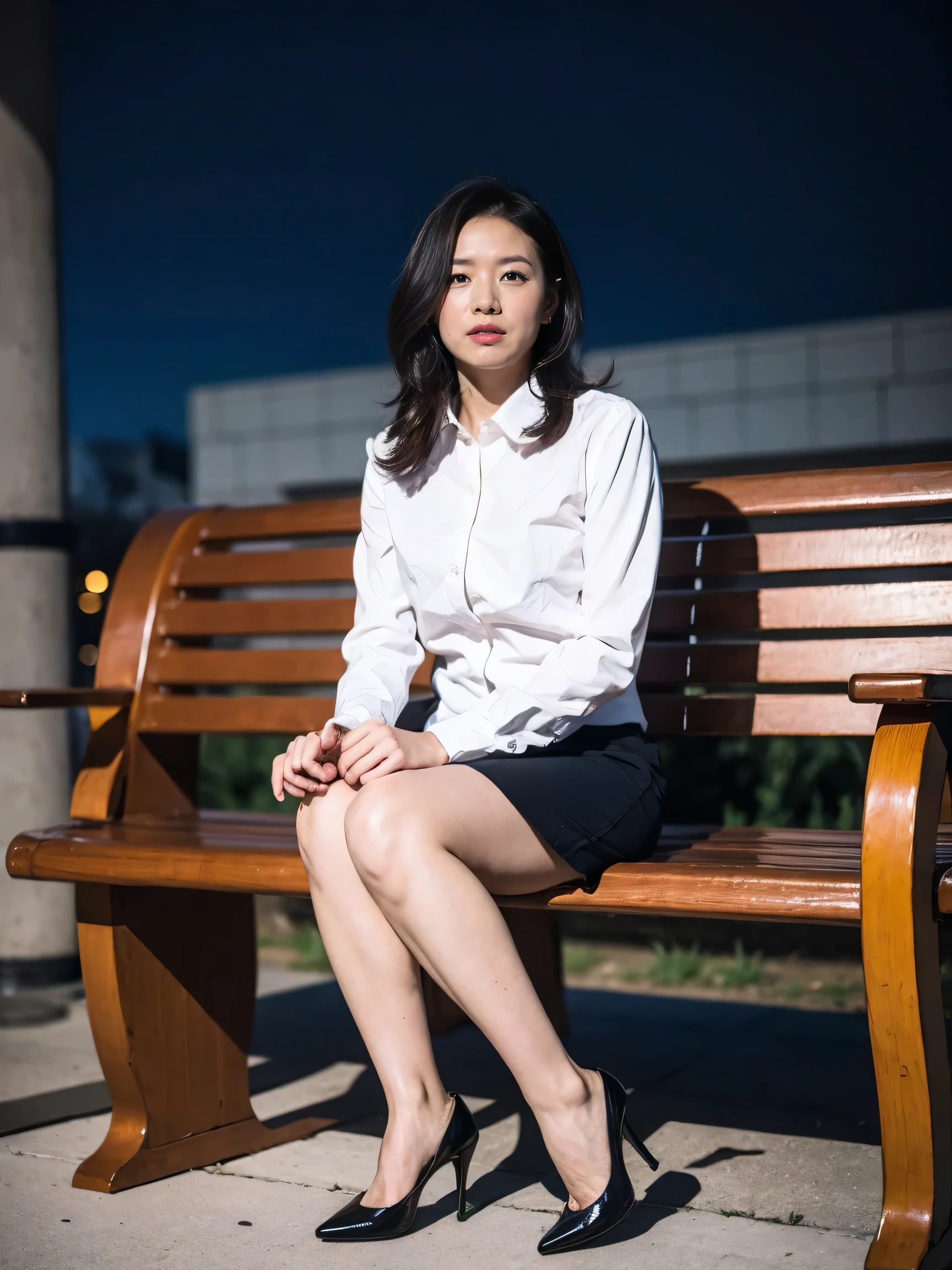 Best Quality, masterpiece, Realistic,  Hi-Res, [8K RAWフォト,Alone, 1 person,  medium length hair 、 sitting on a bench、 Slim Body 、 open the foot wide、 and look away、 high heels、skirt、((Midnight:1.5))、 Flash Shot、Company uniform