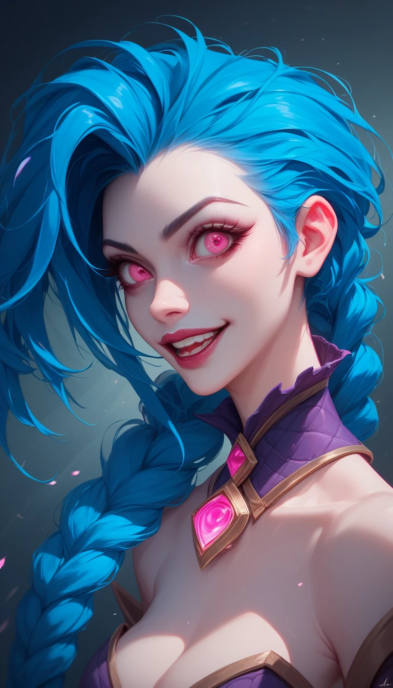 a beautiful detailed girl with crazy blue hair and pink eyes, league of legends character jinx in a dynamic and centered pose, masterpiece, absurdres, hyper detailed, cinematic lighting, highly saturated colors, dramatic atmosphere