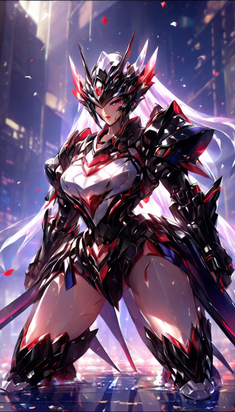 Woman in a futuristic suit, Very detailedな顔, Nice, Mother, Tomboy, Very large breasts, Combat Uniform, Cyber Suit, Anime girl in a tight suit, Milfication, Elegant body, Focus on the navel, gloves, Earrings, foot armor, sf, Female protagonist, Are standing, Volumetric Light, Detailed lighting, Detailed Texture, BoobsCyberpunk, Biomechanical , masterpiece, Top quality eyes, sfの背景, Futuristic landscape、Finding、Ultra-realistic, Ultra-realistic, Very detailed, (Cyber Samurai, ((alone)), attack with red sword, Wearing red armor and a mask, Cape, Shineing beautiful purple eyes, Shine:1.3) (Shineing simple black background:1.25),