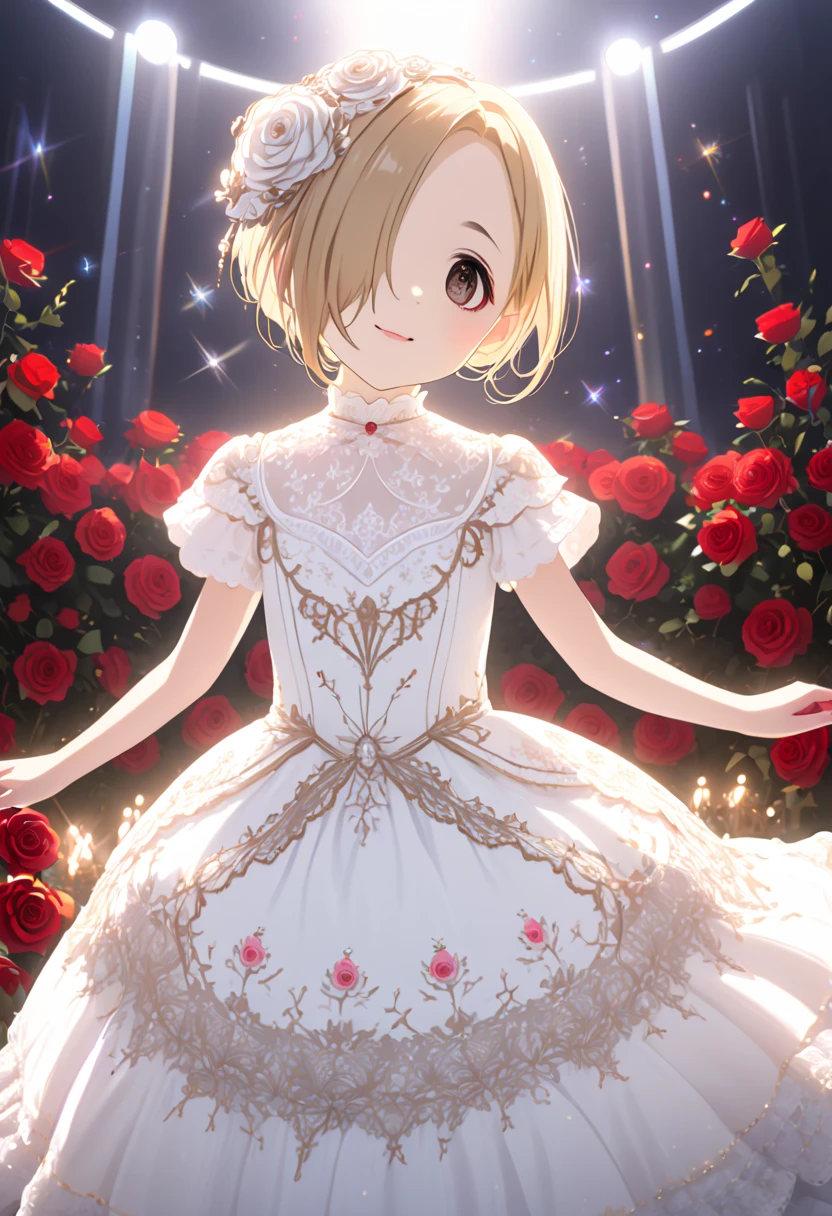 ((masterpiece)), (Anime:1.5), ((Best Quality)), ( RAW Photos:1.2), ( high definition :1.3), ( professional photo shoot:1.2), (chromatic aberration),  1 girl,  lens flare ,  wide shot,   Textured Skin,  Movie Lighting,  1 girl, (( beautiful gothic ****ta pure white dress)), (Very hoop-dress), Luxury Rose Embroidery,  CUTE INNOCENT YOUNG GIRL , ((Hair on one eye)), Thin and small breasts , (silk blonde hair ), ( GOTHIC ****TA MAKEUP ), (Super detailed), Beautiful Hair, smile, (Cute sparkle), Particles of light,  There are people standing around , (Red rose garden),  blonde hair, Hair above the eyes,  short hair ,  Brown Eyes  ,  flat chest,