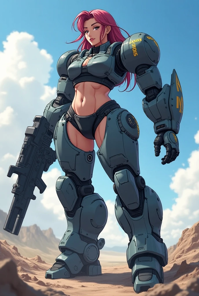 Buff girl, gray sports bra, long curly blue hair, dark skin