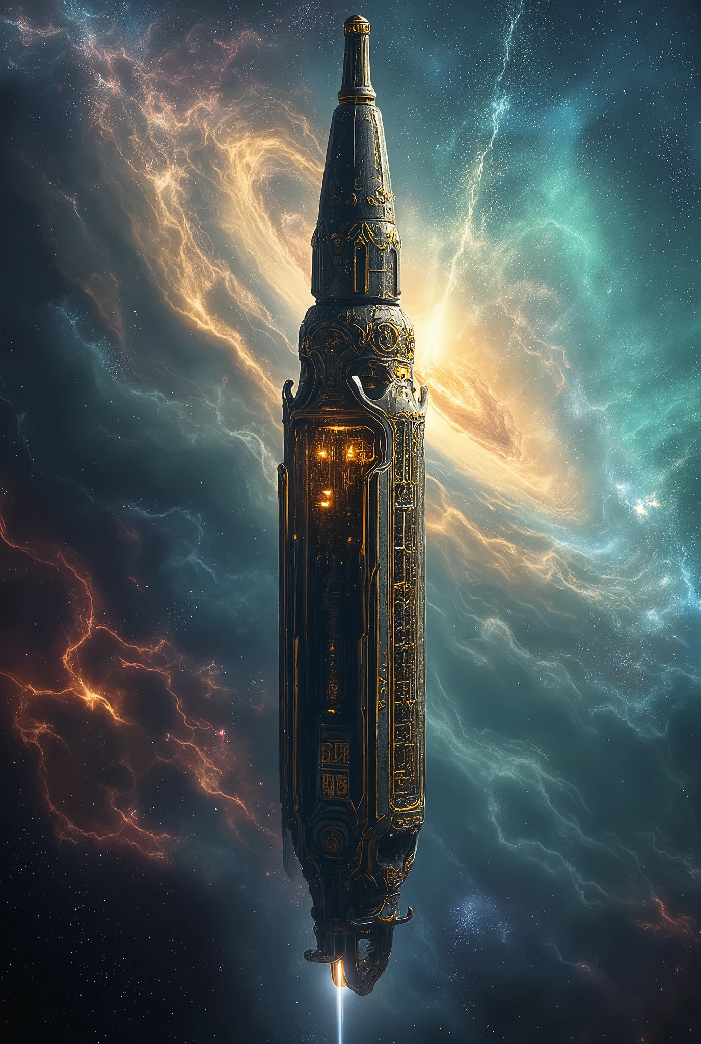 Sci-fi cinematic scene, interstellar nebular background, giant Pen-shape spaceship. Golden rún and cybernectic line decorate, Grimmdark, mechanical. (Ultra-realistic, 32k, Masterpiece, High Quality, Detailed Realistic Background, Official Art, Realistic Lighting, filmfotos, film grain, reversal film photography)