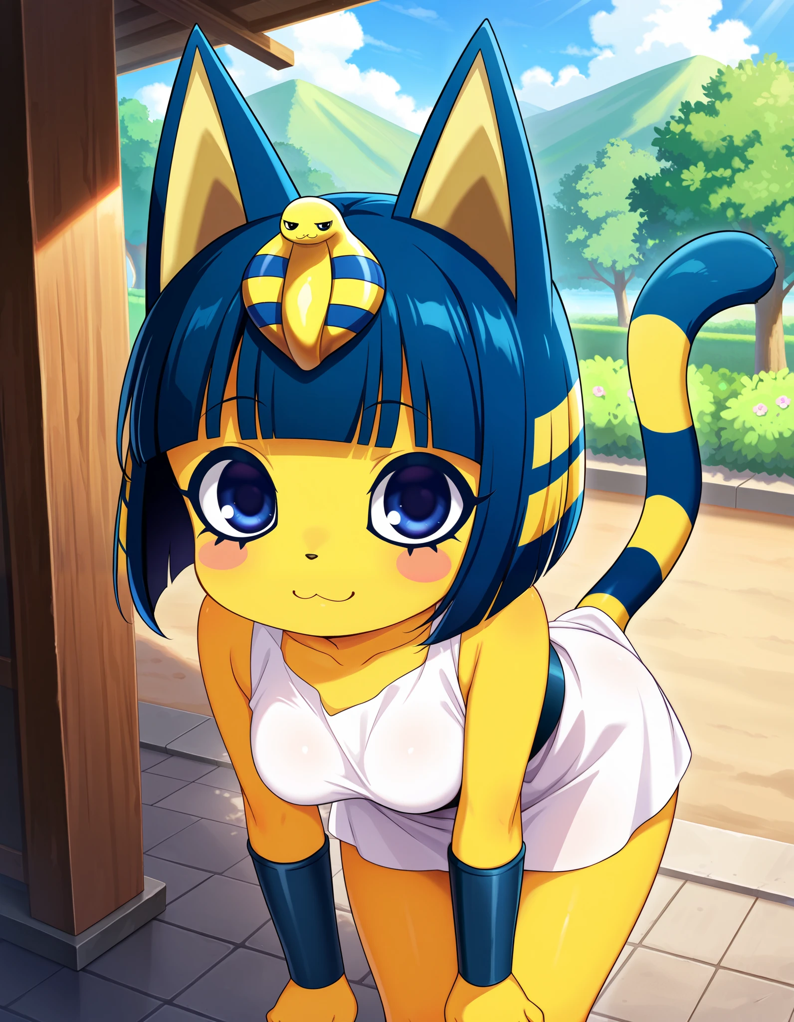 score_9, score_8_up, score_7_up, source_anime, rating_safe, best quality, masterpiece,  
BREAK
ankha (animal crossing), 1girl, ;3, animal ears, standing, looking at viewer, blue eyes, blue hair, cat ears, cat tail, closed mouth, colored skin, female focus, looking at viewer, outdoors, short hair, medium breasts, smile, solo, standing, tail, thighs, yellow skin, white dress, female focus, outdoors
