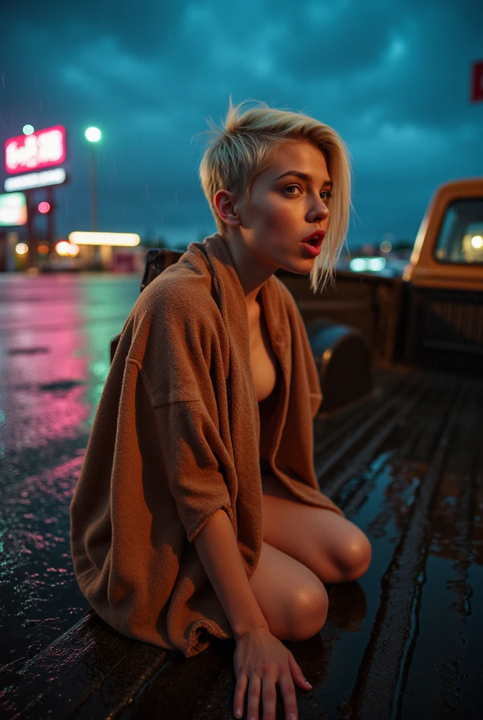 A thin nordic cavewoman with spikey blonde pixie-cut hair shaved on one side kneeling barefoot In the back of a 1950s era pickup truck, a torn and ragged primitive blanket clinging to her body as a storm brews around her. flash photography. Flash photography. The sudden burst of an extremely bright flash catches her off guard, her blonde pixie-cut glistening with droplets of rain, frozen mid-moment as her head jerks toward the camera. Captured with a close-up, below eye-level shot, the scene captures her startled expression—wide eyes, furrowed brow, lips pushed together in a combination of a pout and a pucker. Her arms outstretched to the side. The parking lot glimmers with puddles reflecting the chaotic sky. Rain falls gently, caught in sharp contrast by the camera's sudden burst of light, freezing individual droplets mid-air like suspended crystals. The wind presses her torn and ragged primitive blanket against her skin and sends stray hairs scattering wildly in every direction. Behind her, the neon signs of the city blur into streaks of pink, blue, and green—warped by the fish eye lens and the storm, lending the scene an otherworldly feel. hard light, film grain.