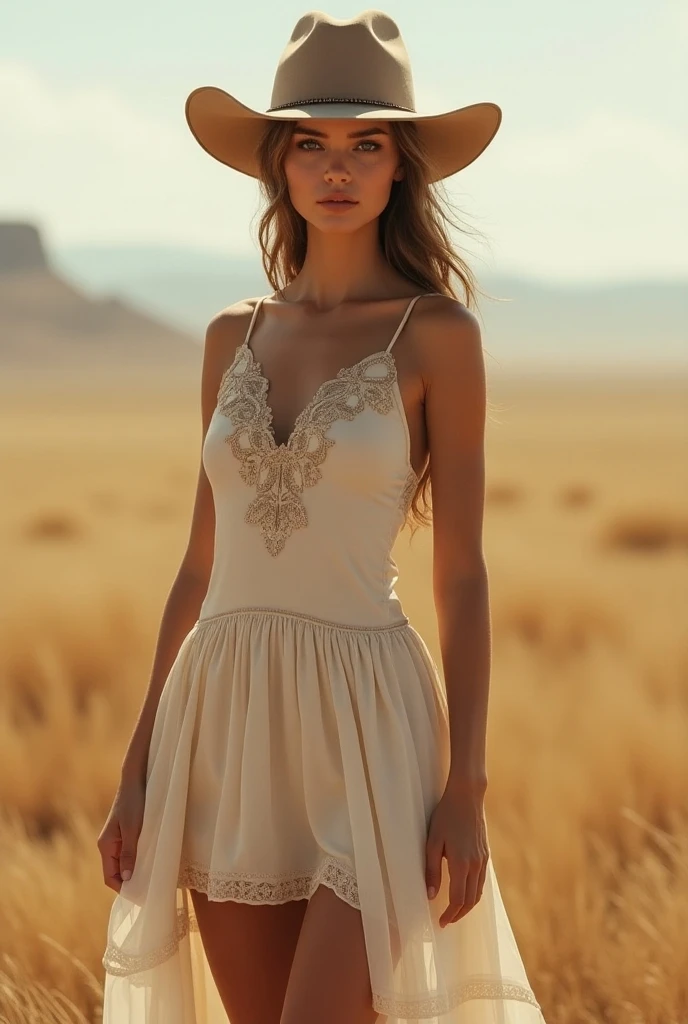 An American girl with golden wave hair wearing a western style dress and giving an pose in camera