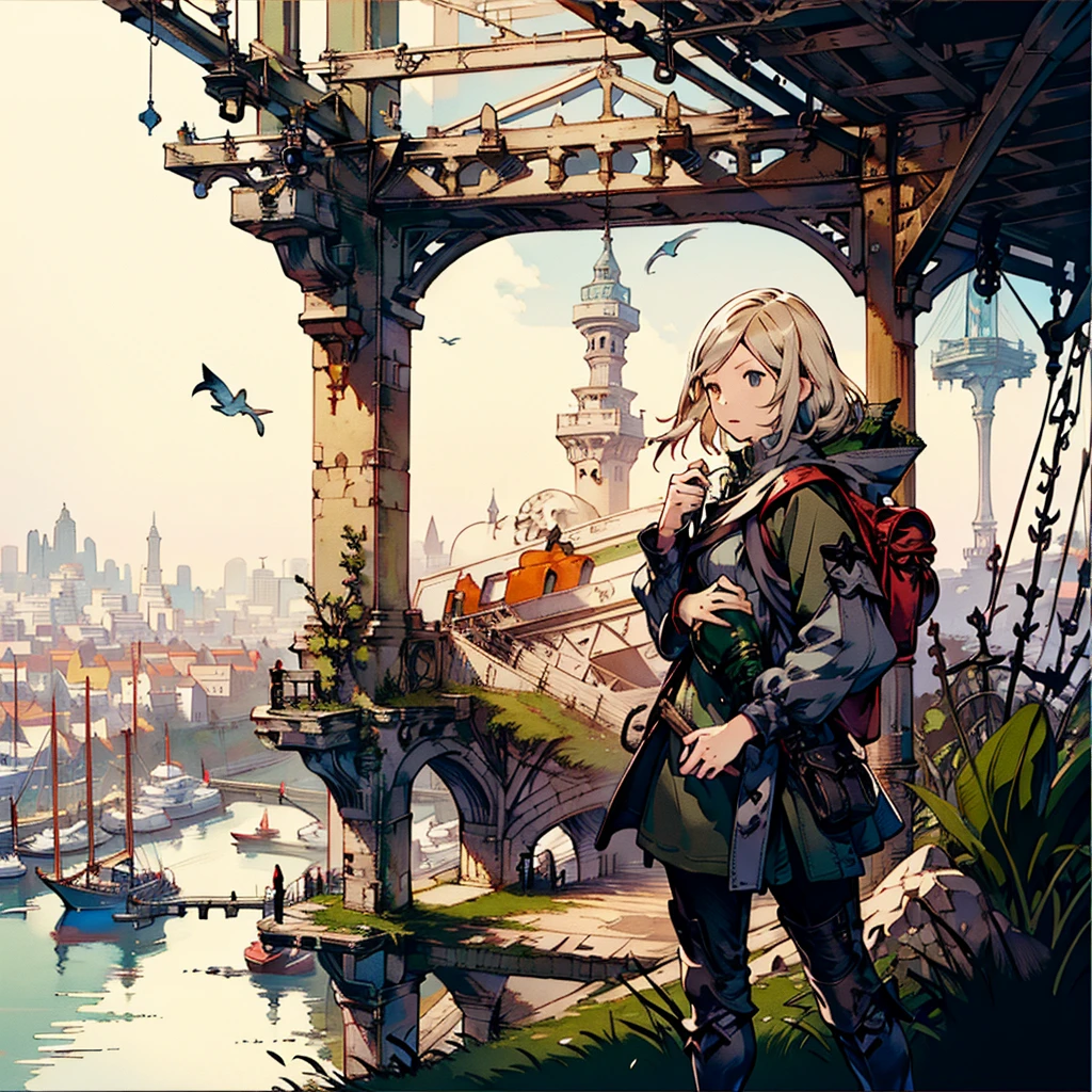 (((フラットart))),( best quality:1.2, absurd,Realistic, detailed face),(((1 slender girl carrying a leather rucksack))), FANTASY ADVENTURER COSTUME 、 detailed background ,Bravely Default: Flying Fairy, Bravely Default \(series\), Nier,  Final Fantasy , ソードart、CD　 jacket　art ,Skinny and small chested, (((Vision))),Gothic field landscape,A bustling medieval European harbor where many sailboats are moored、Overlooking the medieval port city from up high