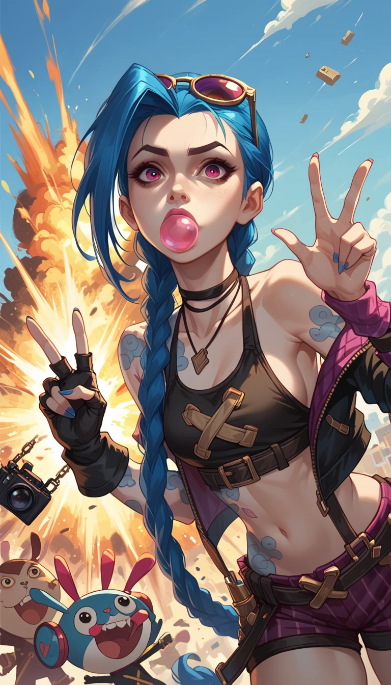 jinx from league of legends, wearing sunglasses while her hand showing the peace hand sign. There is a huge explosion behind her, blowing up a highspeed highway. she has a long twin braid, and a bubble gum in her mouth. dutch camera angle, wide shot, with the composition of the image should be intense with the color of the explosion and the light it emits.