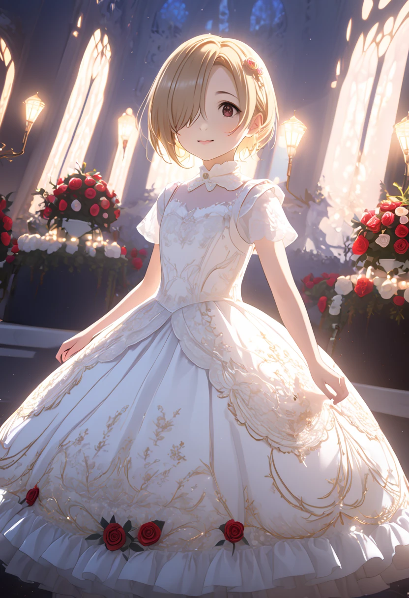 ((masterpiece)), (Anime:1.5), ((Best Quality)), ( RAW Photos:1.2), ( high definition :1.3), ( professional photo shoot:1.2), (chromatic aberration),  1 girl,  lens flare ,  wide shot,   Textured Skin,  Movie Lighting,  1 girl, (( beautiful gothic ****ta pure white dress)), (Very hoop-dress), Luxury Rose Embroidery,  CUTE INNOCENT YOUNG GIRL , ((Hair on one eye)), Thin and small breasts , (silk blonde hair ), ( GOTHIC ****TA MAKEUP ), (Super detailed), Beautiful Hair, smile, (Cute sparkle), Particles of light,  There are people standing around , (Red rose garden), ( blonde hair, Hair above the eyes,  short hair) ,  Brown Eyes  ,  flat chest,
