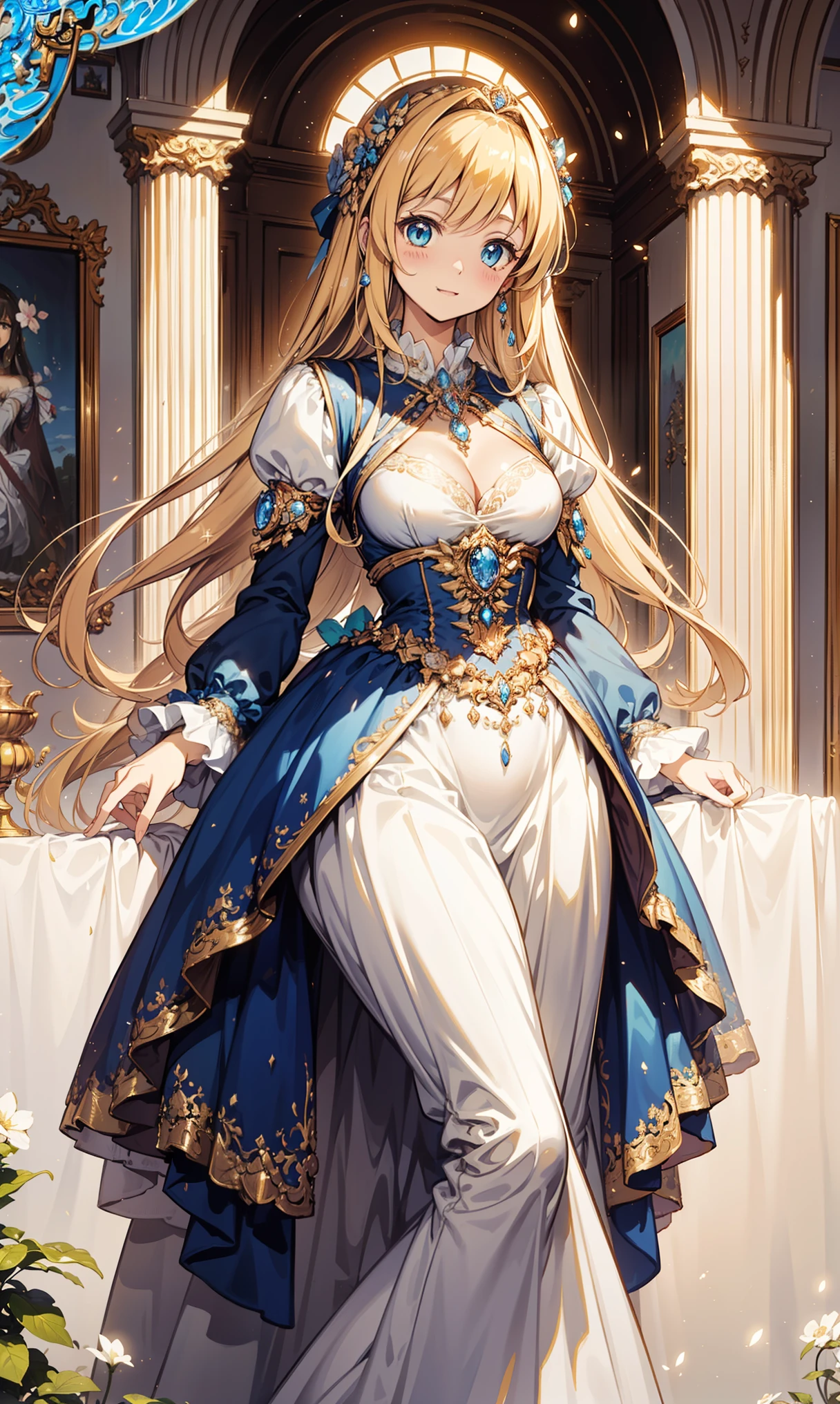  best quality， Ultra High Resolution ，((( super gorgeous beautiful dress is a Rococo Victorian style dress， cute anime art style ))), (Single lady  :1.2: beautiful lower chest :1.2), (  expressive hair  :1.1: thick and long hair :1.1),  bangs, (Cowboy shooting:1.1), ( super delicate face :1.3:masterpiece:1.3: extremely detailed:1.3: extremely exquisite and beautiful:1.2:Unity 16K Wallpaper :1.1), ( cute anime art style :1.1),charm， vivid expression 