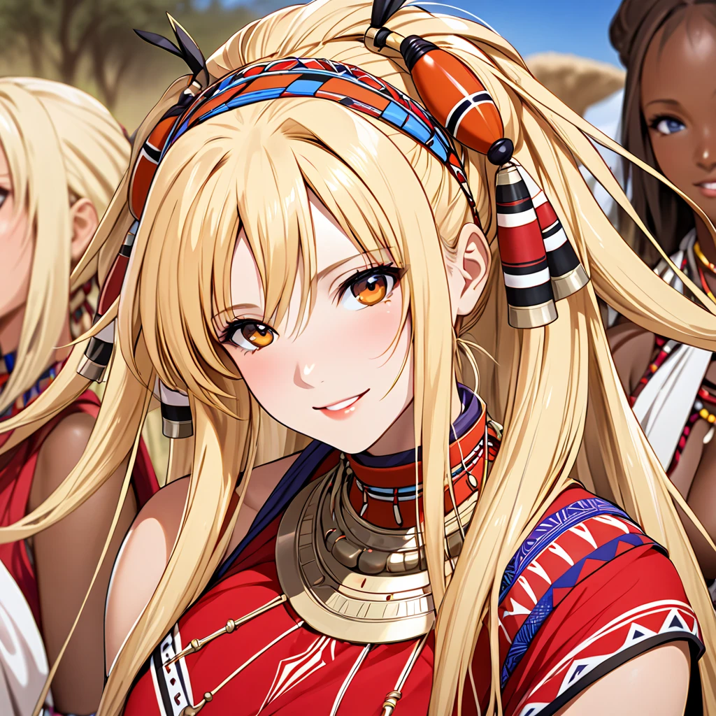 ((Highest quality)), ((masterpiece)), (detailed), (Perfect Face)、Asuna Yuuki, a female with light brown, semi-long hair, is forced to wear tribal clothing, tribal accessories, and tribal makeup by black-skinned native African men in an African tribal village, and is forced to become a tribal woman.、The woman is forced to wear a gorgeous tribal wedding dress, is adorned with tribal accessories, becomes the wife of the best warrior in the tribal village, is forced to hold a wedding ceremony, and is made into a beautifully decorated tribal woman in both name and reality.、Regardless of the woman's wishes, the tribe's greatest warrior embraced her, they kissed her in oath, and the villagers blessed her, and the wedding was consummated, and the woman became Asuna, the tribe's woman.