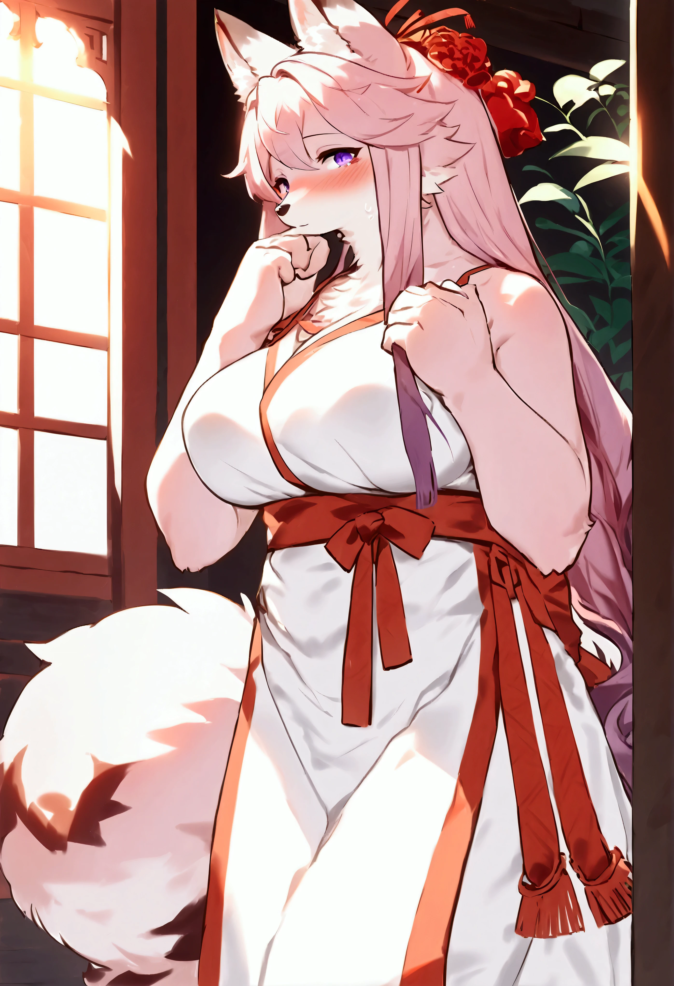 (top quality, best quality, Bogexboog, High-quality illustrations, masterpiece, perfect artwork, cinematic light and shading, 16k, 1080p, uploaded on e621)(kemono, furry, anthro, alone), 1 mature female, (very detailed body, face, tail, arms, hands, legs, head and eyes), fox, Yae Miko, (Genshin Impact), hunter body, mature body, big breasts, pink fur, fluffy, fluffy tail, shrine maiden long hair, perfect eyes, purple eyes, black pupils, beautiful shrine dress, beautiful legwear, beautiful shrine garden, body movement, body twitching, red blushing, shy, protective behavior, full body view