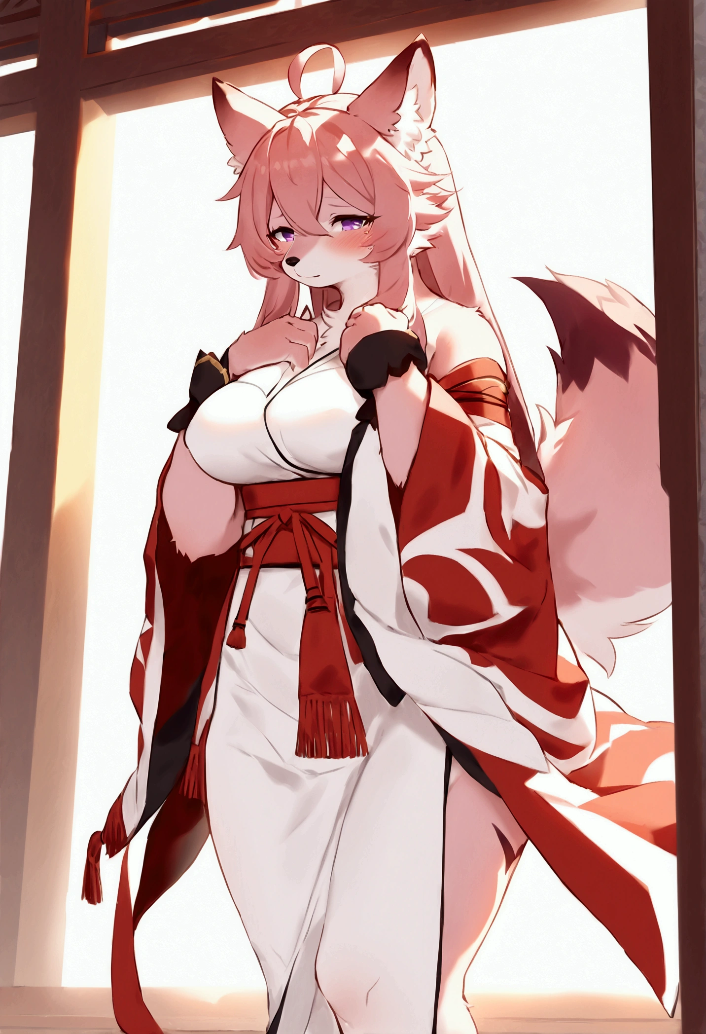 (top quality, best quality, Bogexboog, High-quality illustrations, masterpiece, perfect artwork, cinematic light and shading, 16k, 1080p, uploaded on e621)(kemono, furry, anthro, alone), 1 mature female, (very detailed body, face, tail, arms, hands, legs, head and eyes), fox, Yae Miko, (Genshin Impact), hunter body, mature body, big breasts, pink fur, fluffy, fluffy tail, shrine maiden long hair, perfect eyes, purple eyes, black pupils, beautiful shrine dress, beautiful legwear, beautiful shrine garden, body movement, body twitching, red blushing, shy, protective behavior, full body view