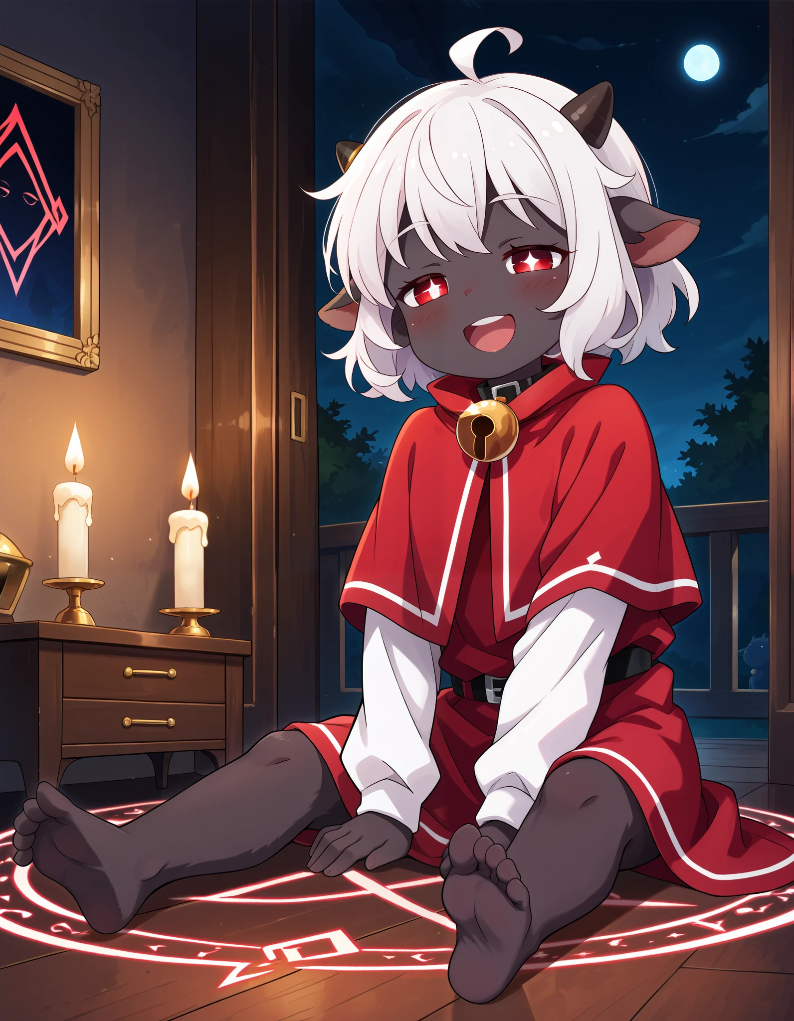 score_9, score_8_up, score_7_up, source_anime,  (lamb, cult of the lamb,short stature, dark fur, white hair), detailed background, bedroom, summoning circle, candles, dark atmosphere, half-closed eyes, open mouth, smile, sitting on floor, hooved toes, bell collar, red mantle, shadowy figures in background