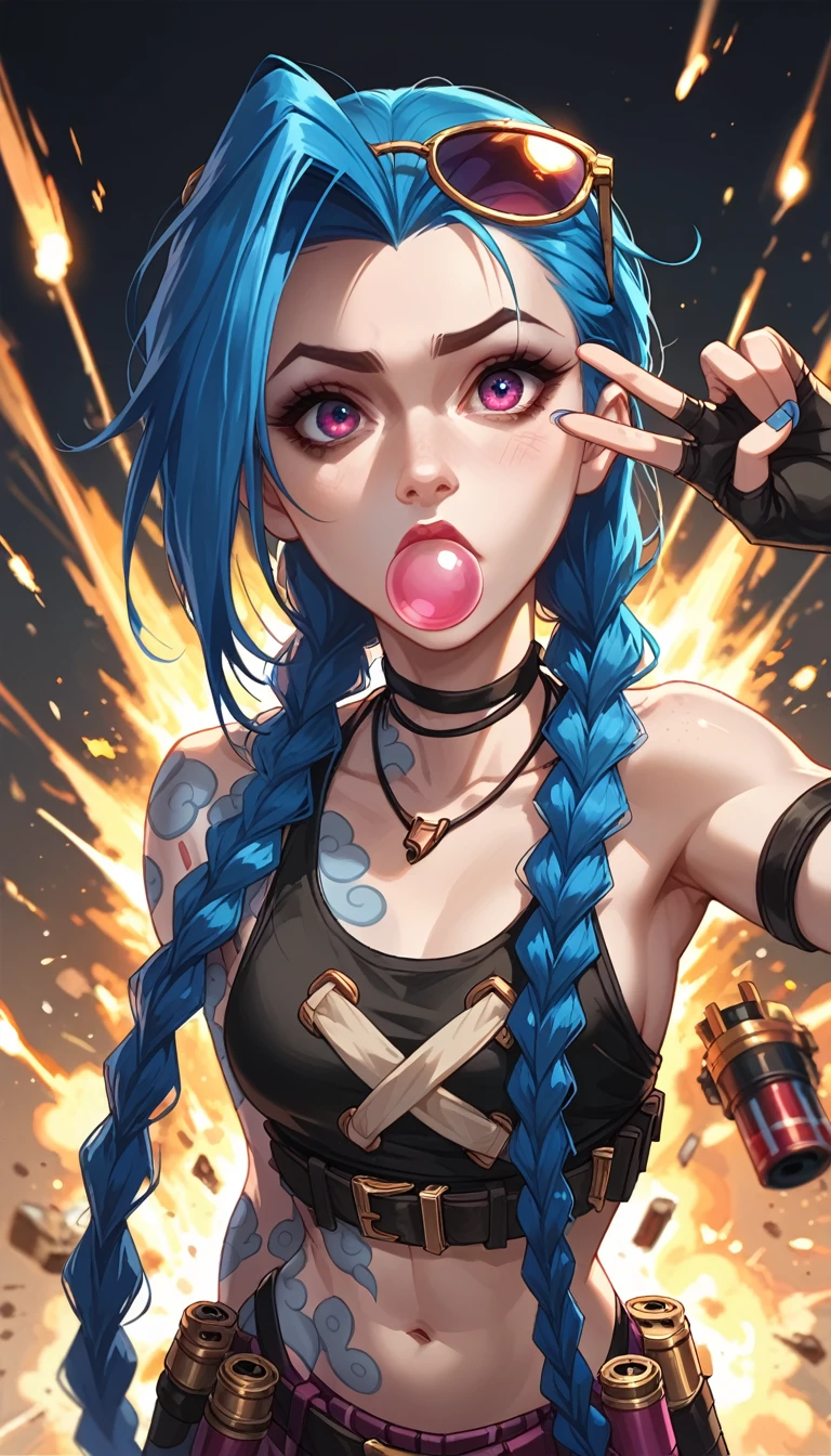 jinx from league of legends, wearing sunglasses while her hand showing the peace hand sign. There is a huge explosion behind her, blowing up a highspeed highway. she has a long twin braid, and a bubble gum in her mouth. dutch camera angle, wide shot, with the composition of the image should be intense with the color of the explosion and the light it emits.