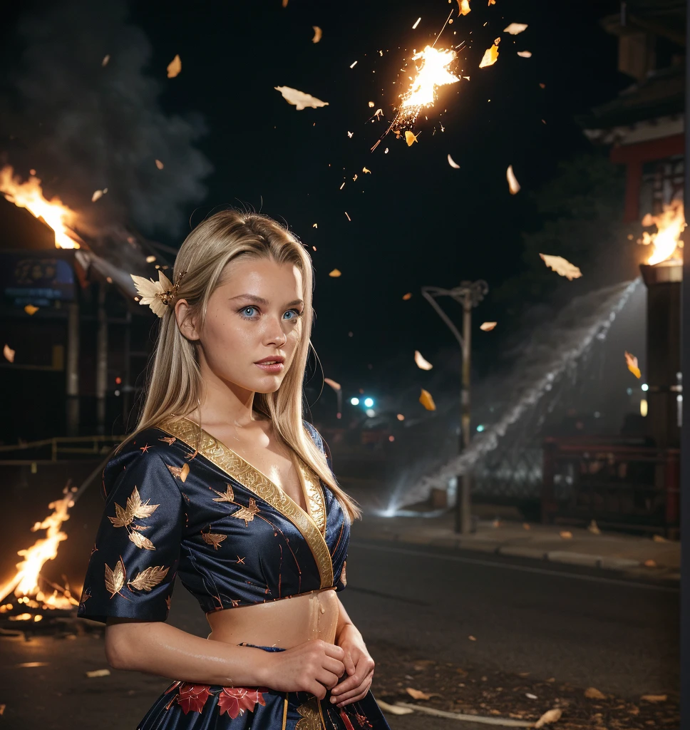 cinematic photo  annaMarekQuiron, annaMarek, 1girl, blonde hair, blue eyes, lips, looking at viewer,  wearing japanese costume, (night street)  , masterpiece, intricate detail, 1girl, solo, (fire aura), splashing water, shattered earth, wind blow, floating leaf,  . 35mm photograph, film, bokeh, professional, 4k, highly detailed