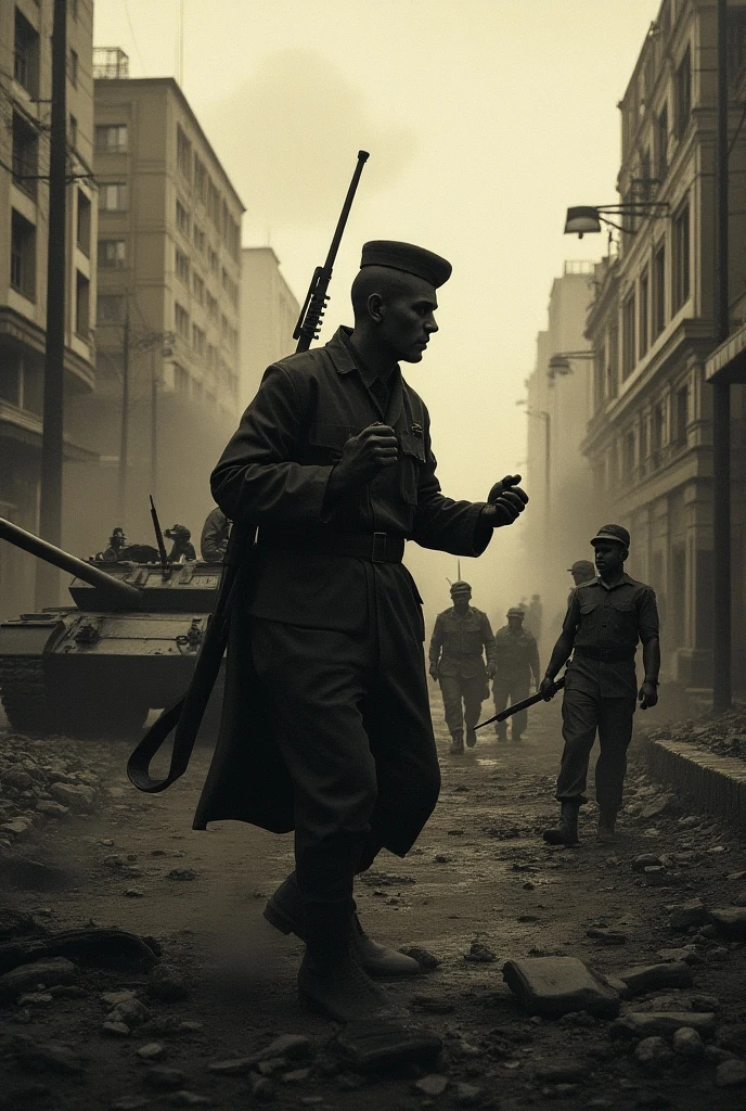 wide-shot, action, war photography of (TwinRealms:1), (wwone:1) "A soldier's face reflects the haunting reality of war", "The aftermath of a bombing, captured in a single frame", "Civilians flee from the destruction of their city", "The fear and desperation of a war-torn society", "The scars of war etched into the landscape"