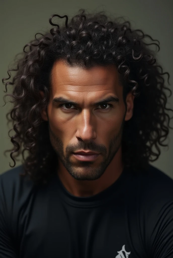 Create a realistic portrait of Zinedine Zidane with long, thick, curly hair flowing down his shoulders, giving him a completely different look from his usual bald appearance. Capture his intense gaze and sharp facial features, adding a dramatic effect with soft lighting to emphasize the texture of the curls. The background is minimalist to keep the focus on Zidane's face and his unusual hairstyle