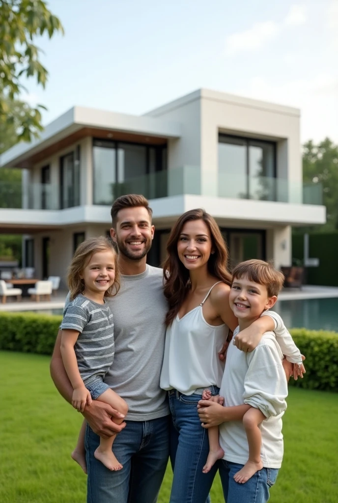 A married couple with two girls, aged 11 and 1, stand with their backs to the camera next to a luxurious two-story house with a swimming pool in sunny weather, full body
