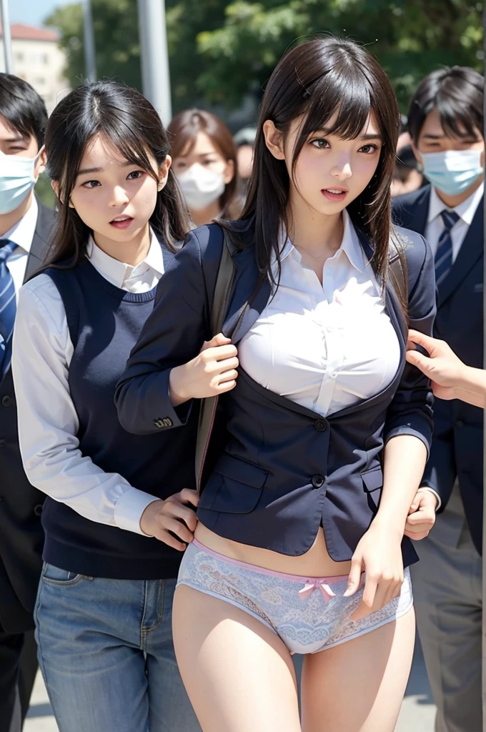 Beautiful and innocent high school girls and perverted men, Skirt ripped, She screams with her mouth open in shame at being seen naked in public, Glaring shyly at the viewer, No Escape, On the road, Beautiful brown bob hair, Increased sensitivity, Beautiful Eyes, Ultra high definition, Clear white skin, Slender body, Japanese, Anatomically correct