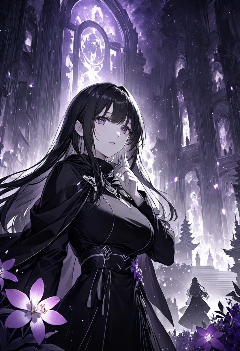 Anime Style,The whole screen is dark ,Monochrome World. upper body, cowboy shots, Black Hair,Long Hair, Blowing a kiss,❤ Wearing a black cloak ,  Purple Eyes Shining in the Dark  ,Sparkling Eyes,Sparkling Eyesのハイライト,In Purple and Darkness  , Black Dress Outfit that Highlights Purple , big breasts at the temple, Wear a Black Cloak  ,Purple Flower, Dendrobium Flower ,  noble atmosphere,  Highlight Women with Proud Faces  , The background is a black and white city, High Angle Masterpiece ,Best Quality,Exquisite,8k,  absurd, super detailed illustrations on white paper ,( Viewers )