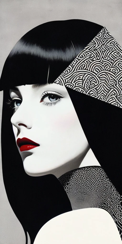 a highly detailed, minimalist, multi-layered collage in the style of dadaist artist Man Ray, featuring an irregularly cropped photograph of a girl with long black hair wearing black clothes, symmetrically mirrored with a girl with short white hair wearing white clothes, set against a gray, empty, serialism background with exquisite patterning and detailed textures, creating a dreamlike, mysterious composition with high contrast and a sense of solitude and bankruptcy