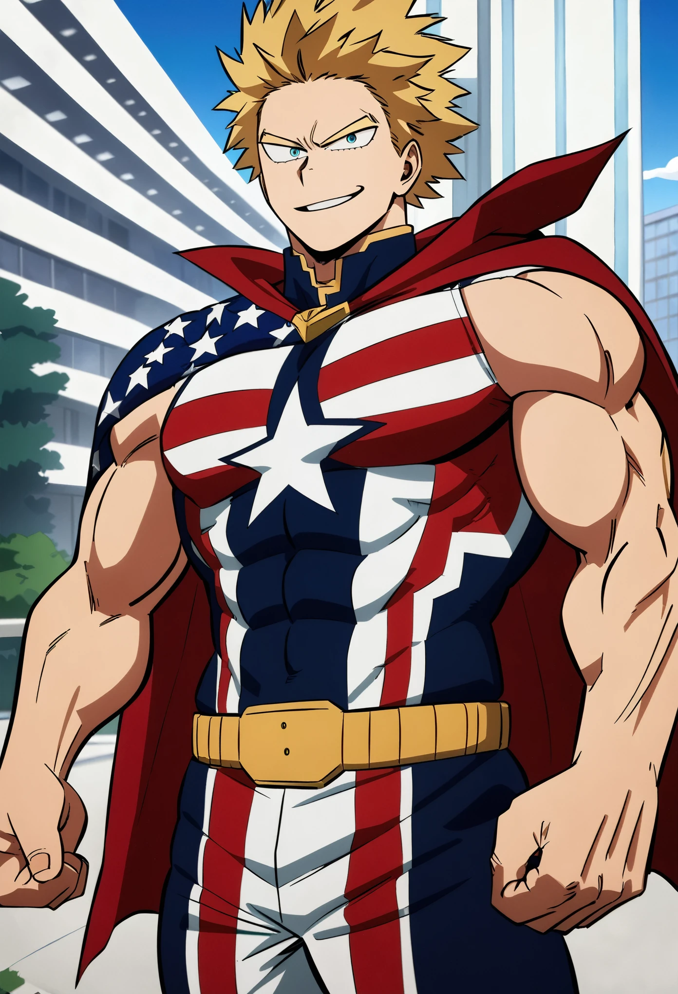 My Hero Academia character, MHA style, anime style, my hero academia, boku no hero academia, animated. Anime, Best Quality, Masterpiece, High Resolution, American Pro Hero, Male, American Flag Cape, muscular, blue and red hero costume, smirk, blonde hair, blue eyes, blooming city background, 