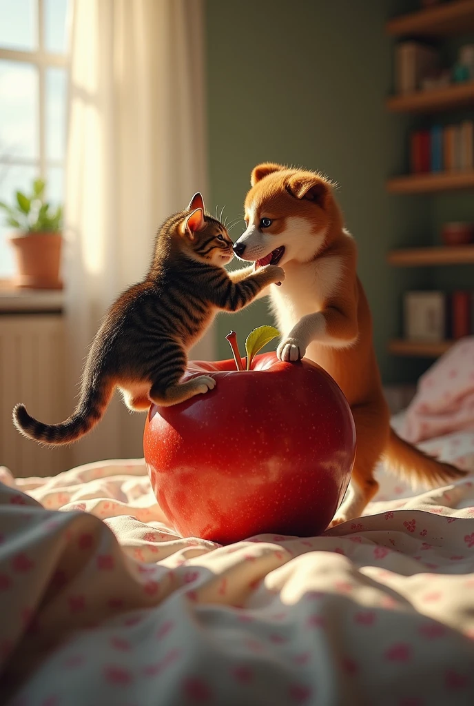 Ek chota child ji chair par betha h or uske face udasi h or wo apple kha rha h seen samne dayining table par fruir ki plate h or blub jal rha h ek chair par smart muscular ginger cat betha h jisne white shirt or pent pehni h wo child ko dekhte huye