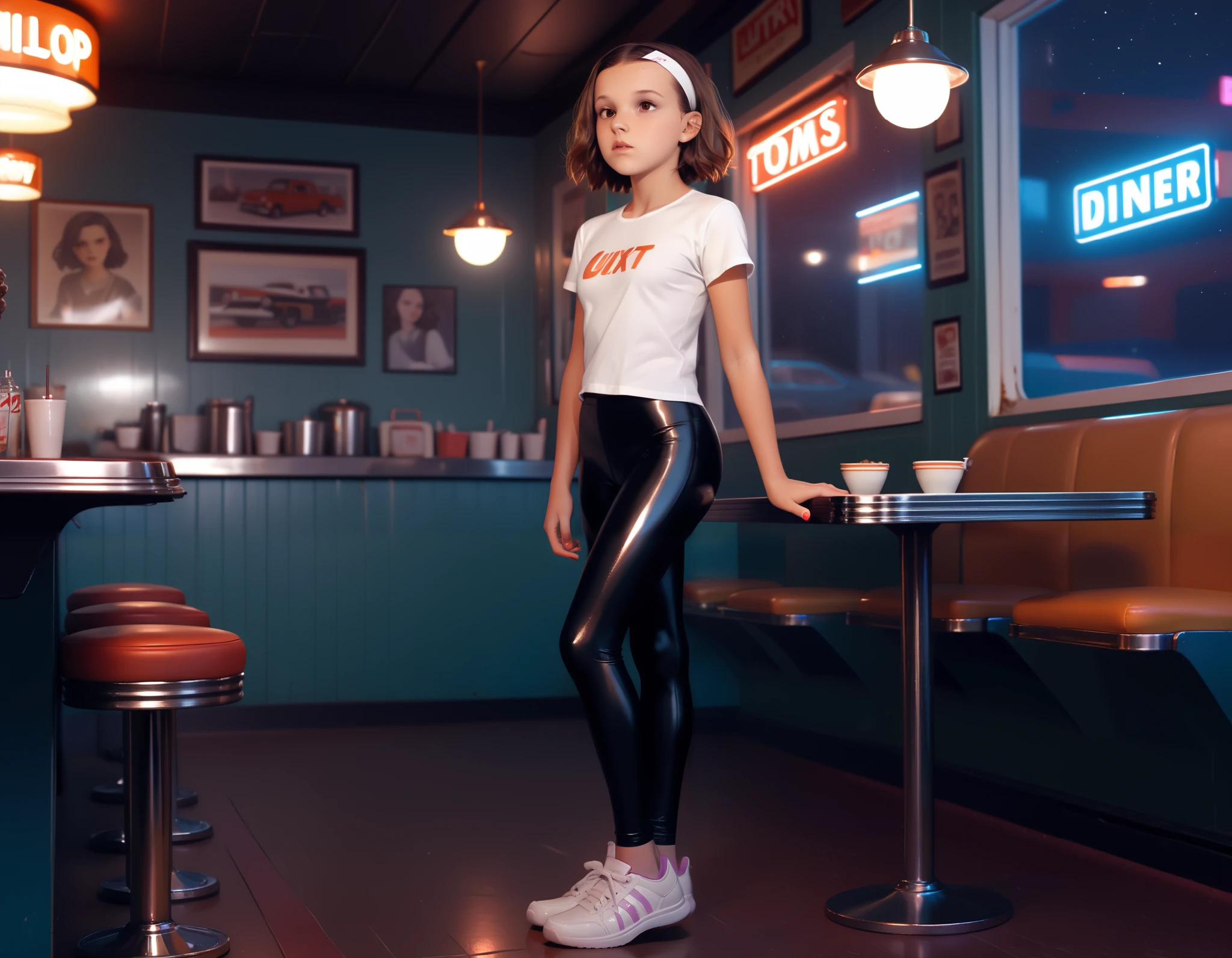 Millie Bobby Brown, , revealing tight plain cotton t-shirt and tight shiny leggings, trainers, standing in a diner at night, (dynamic pose shown from a side view:1.2), medium shot:1.2, highres highly detailed best quality UHD RTX by Ilya Kuvshinov Tom Bagshaw WLOP