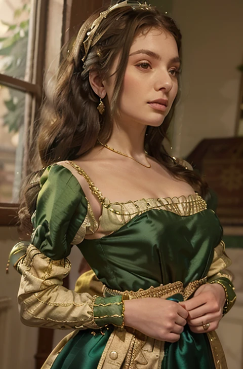 Tudor style green silk gown with a rounded neckline embroidered in gold, and multipuffed sleeves striped with gold embroidery, along with a high waisted bodice and gold embroidered lines down the skirt. Girl wearing it has golden hair in perfect ringlets to her waist, with an emerald studded hair net on the back of her head.