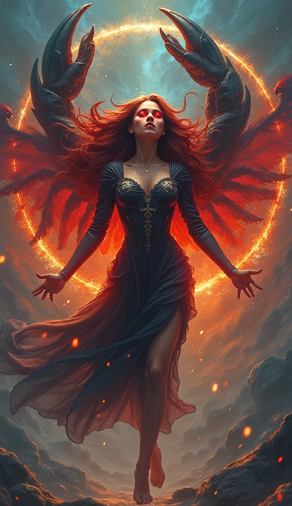 woman in a black dress sits on the ground covered in fire, flames surround her, engulfed in swirling flames, Goddess of Fire, fantasy art behance, enveloped in flames, her hair is made out of fire, she has fire powers, A dress made of fire, Dark Phoenix, appears as the goddess of fire, Surrounded by fire, her body made of flames