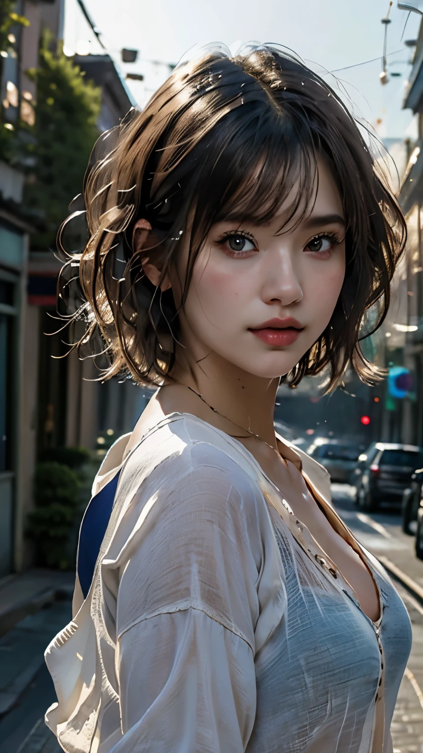 A girl holding a camera, mix4,(8k, RAW photo, best quality, masterpiece:1.2), (realistic, photo-realistic:1.37),1girl,cute,cityscape, night, rain, wet, professional lighting, photon mapping, radiosity, Physically-based rendering, gradient brunette hair, short curly hair, handsome, girly, white ball set, superb picture quality, high resolution, 1080p, (clear face), (detailed face description), (detailed hand description), (masterpiece), (exquisite CG), extreme light and shadow, messy hair, masterpiece, rich detail, (exquisite facial features), (highest image quality), (masterpiece), (detailed eyes), look forward to your eyes, delicate collarbone