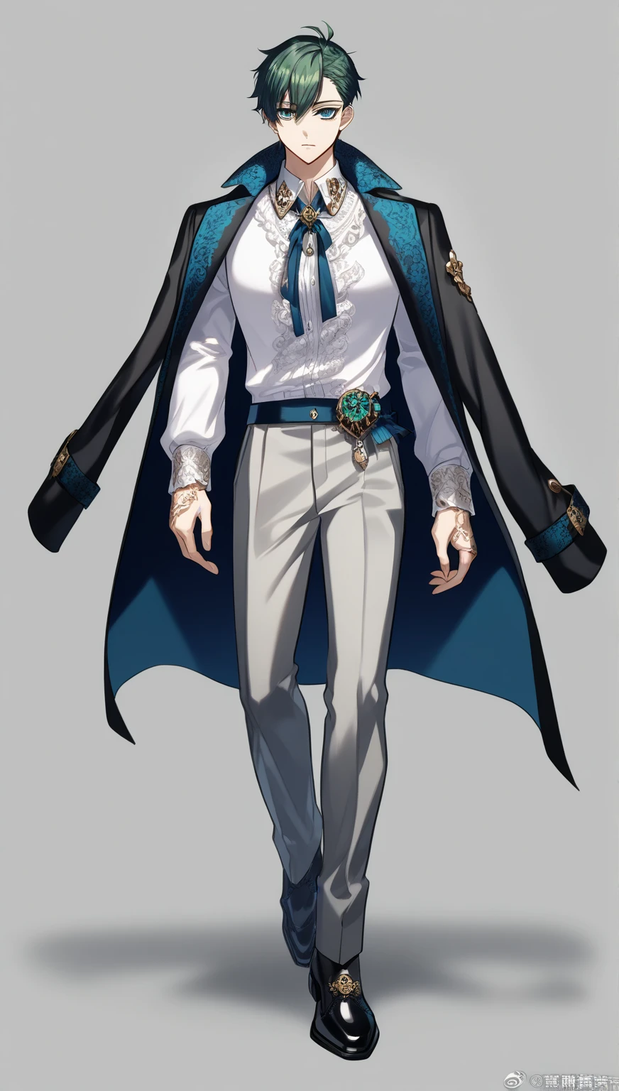 (simple background, grey background), ((full-body)), feet out the frame, standing, 1boy, rin itoshi, Blue Lock, closed mouth, extremely detailed face and eyes, teal eyes, dark green hair, short hair, solo, sexy man, handsome, (Red Male Fantasy Clothes, coat on shoulders, white shirt, pants), (masterpiece, best quality, HDR, absurd resolution, high resolution, ultra detailed)