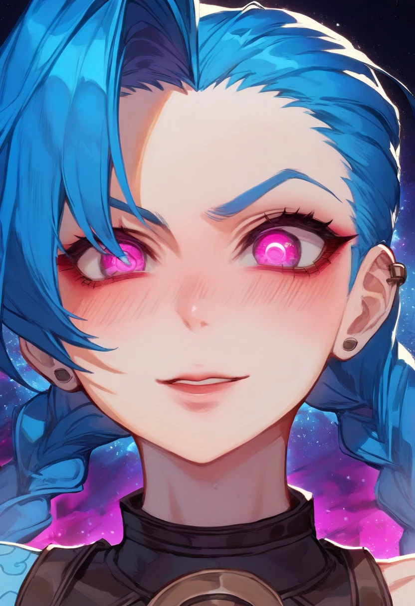 (score_9, score_8_up), (close-up, intense face focus:1.3), Jinx from Arcane and League of Legends, (portrait, vibrant anime style:1.2), (blue hair, twin braids:1.3), face adorned with piercings, wild and expressive gaze, manic expression, bold and striking colors, highly detailed eyes and makeup, inspired by Rossdraws cartoon style, (Artgerm, Atey Ghailan, Guweiz influence:1.2), (extremely detailed skin texture and shadows), rich color saturation, dynamic lighting, intricate facial details, intense highlights on eyes and lips, vibrant expression, cinematic lighting, (anime aesthetic:1.5), crisp linework, glowing skin tones, ethereal and atmospheric background blur, high-resolution detail, (8k, 4k quality), dramatic shading and contrast, color intensity similar to Ross Tran’s work.