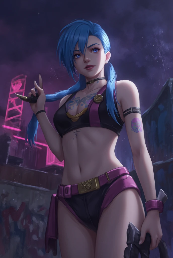 anime realism, Jinx from League of Legends, jinx \(league of legends\), a girl with long blue hair, On the dark streets, Jinx dressed in her iconic attire, holding a weapon, ready to trigger the next explosion at any moment. Her figure stands out particularly under the neon lights, surrounded by the unique industrial style buildings and graffiti, showcasing her rebellious and unrestrained personality