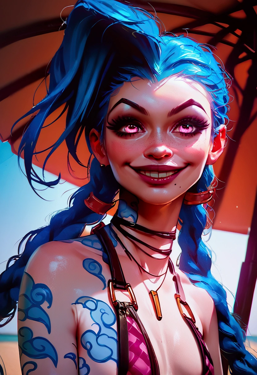 score_9, score_8_up, score_7_up, score_6_up, score_5_up, score_4_up, 1girl, Jinx, blue hair, beautiful face, detailed eyes, smiling, perfect smile, wearing a micro bikini,, posing, at the beach